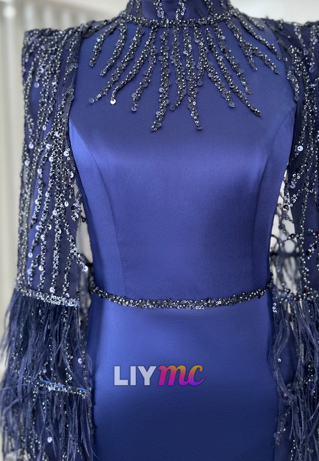 High Neck Long Sleeves Feather Sleek Sheath Mother of Bride Dress