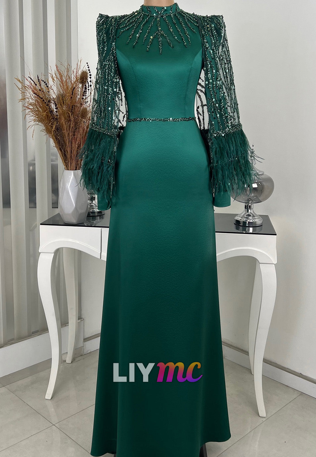 High Neck Long Sleeves Feather Sleek Sheath Mother of Bride Dress
