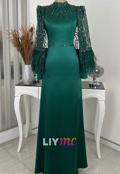 High Neck Long Sleeves Feather Sleek Sheath Mother of Bride Dress