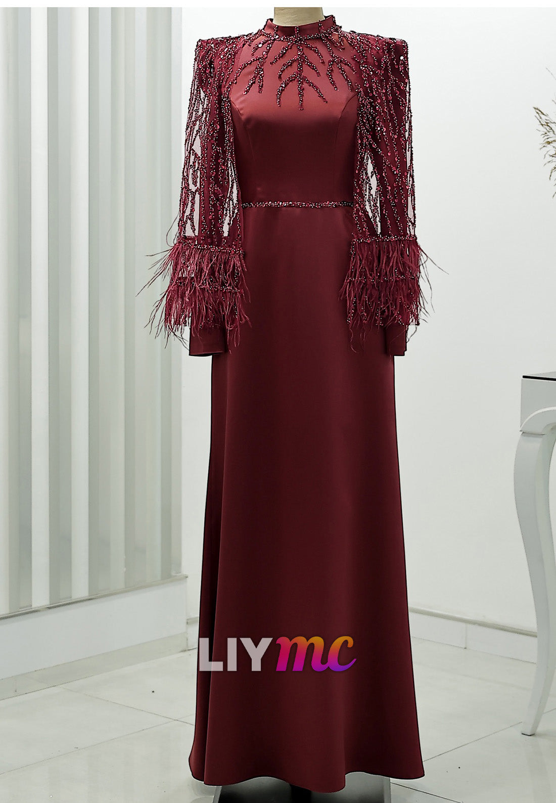 High Neck Long Sleeves Feather Sleek Sheath Mother of Bride Dress