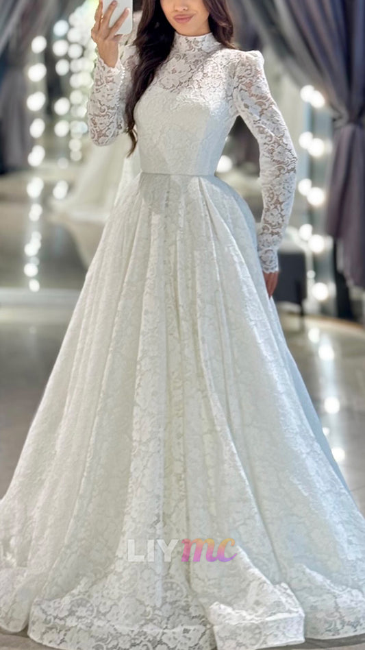 High Neck Long Sleeves Floral Appliques Lace Wedding Dress