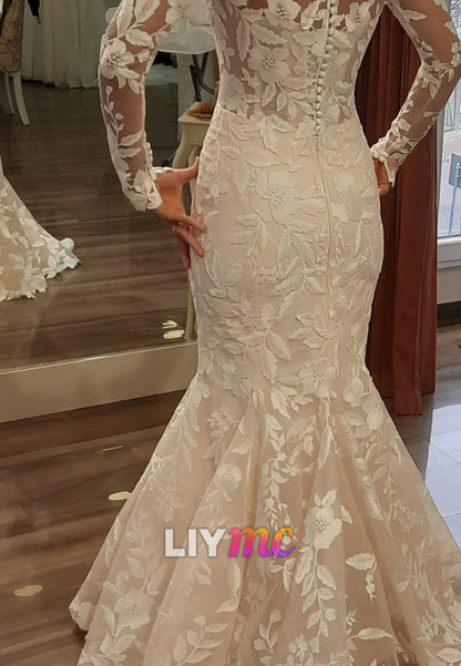 High Neck Long Sleeves Floral Appliques Mermaid Wedding Dress