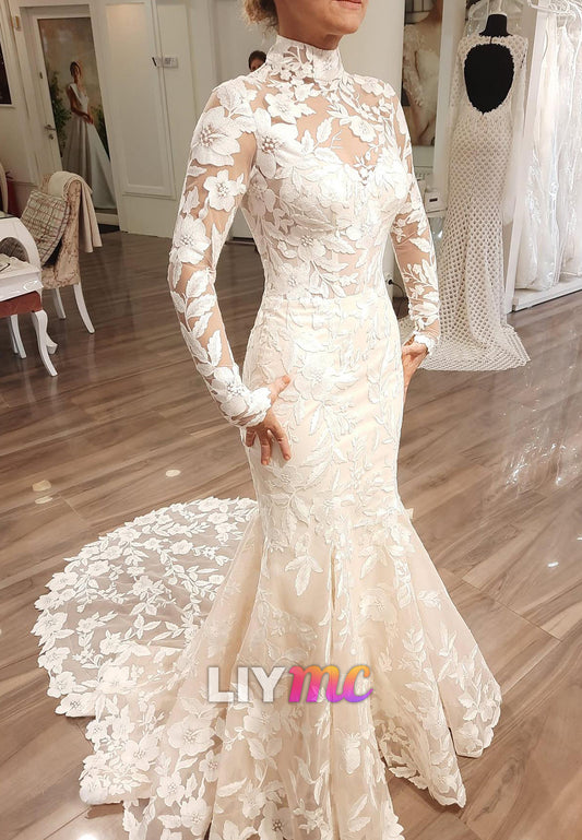High Neck Long Sleeves Floral Appliques Mermaid Wedding Dress