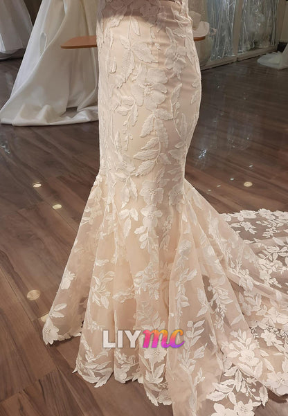 High Neck Long Sleeves Floral Appliques Mermaid Wedding Dress