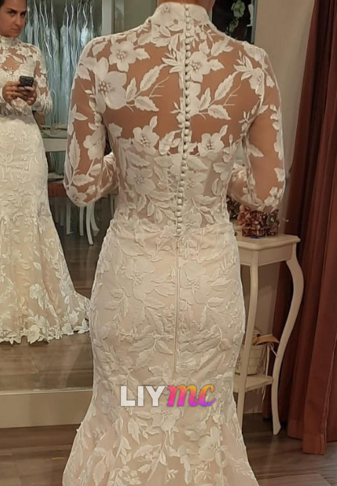 High Neck Long Sleeves Floral Appliques Mermaid Wedding Dress