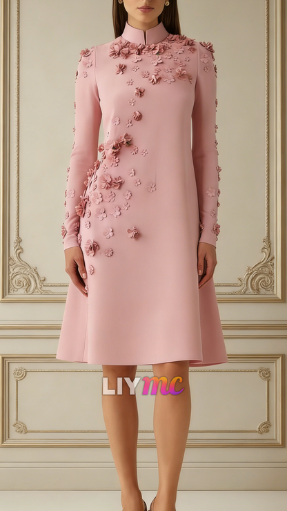 High Neck Long Sleeves Floral Embellished A-Line Cocktail Dress