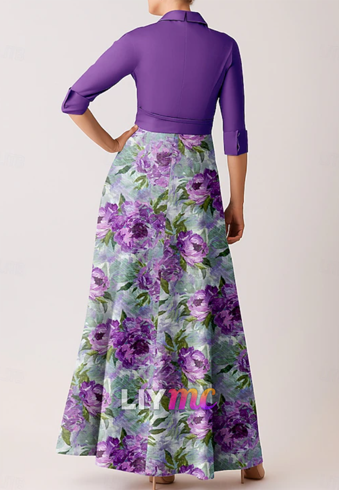 High Neck Long Sleeves Floral Printed A-Line Mother of Bride Dress