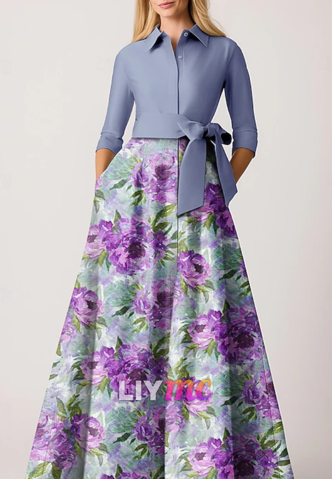 High Neck Long Sleeves Floral Printed A-Line Mother of Bride Dress