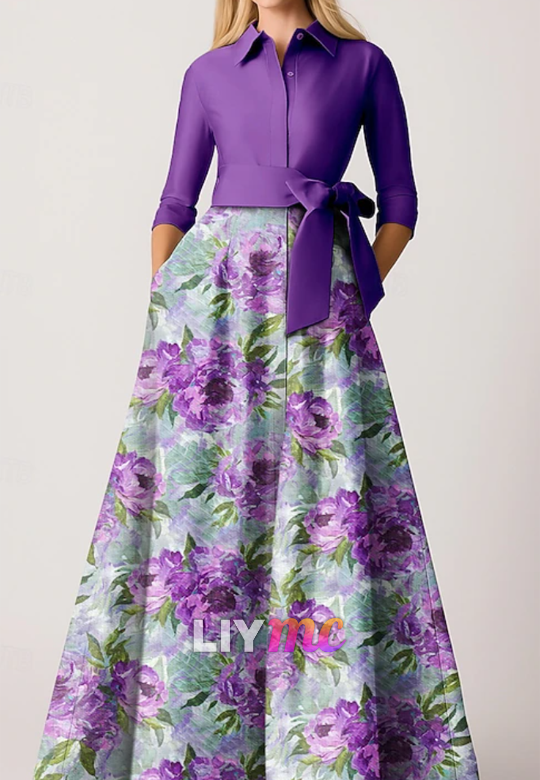 High Neck Long Sleeves Floral Printed A-Line Mother of Bride Dress