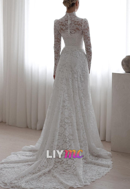 High Neck Long Sleeves Lace Appliques A-Line Wedding Dress