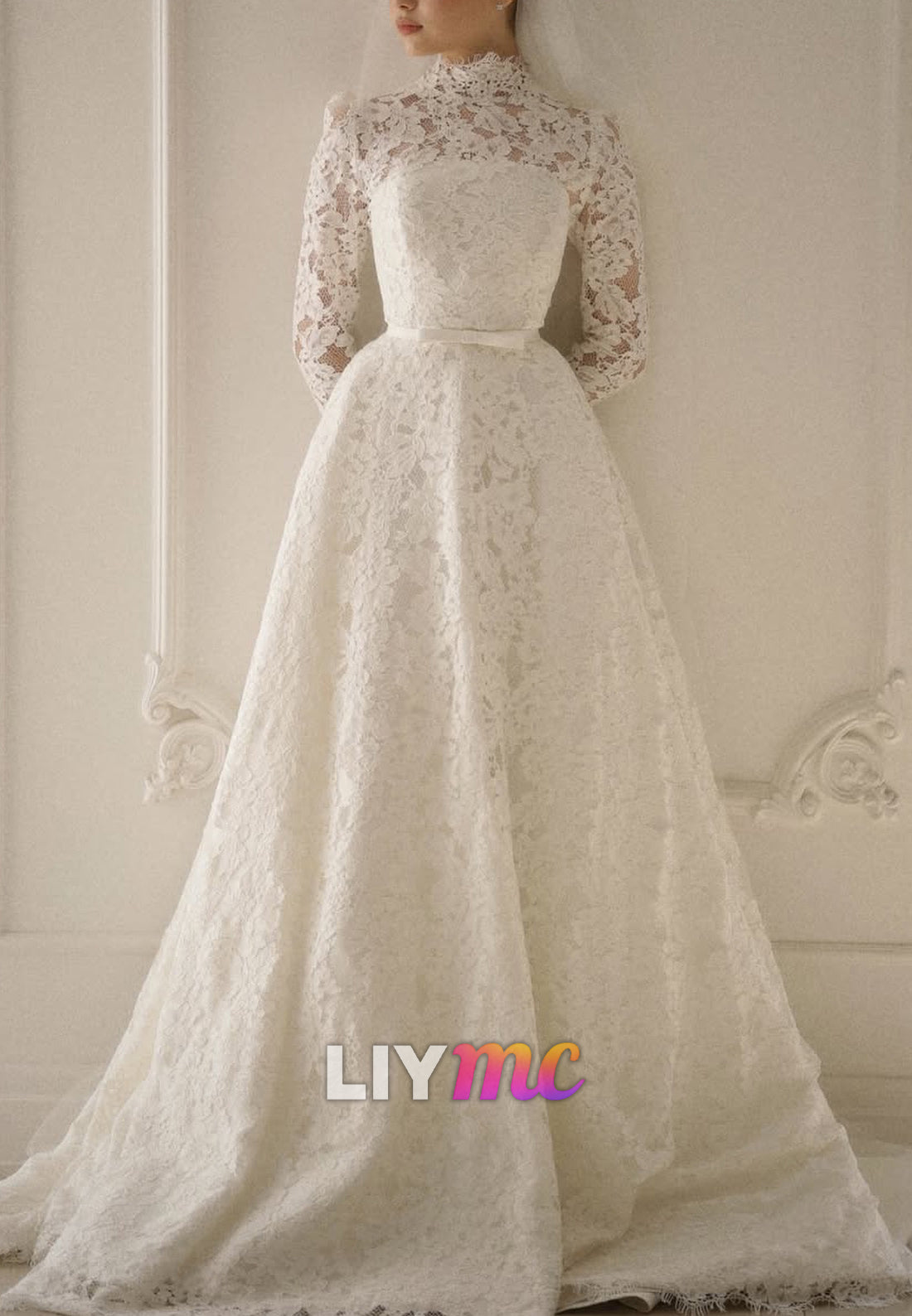 High Neck Long Sleeves Lace Appliques A-Line Wedding Dress