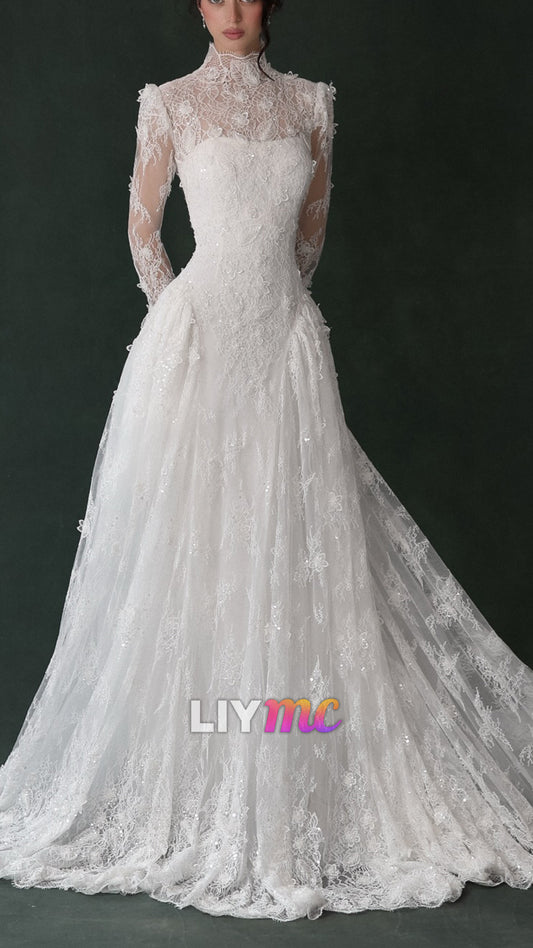 High Neck Long Sleeves Lace Appliques A-Line Wedding Dress