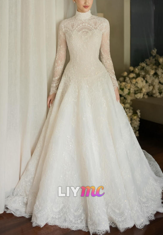 High Neck Long Sleeves Lace Appliques A-Line Wedding Dress