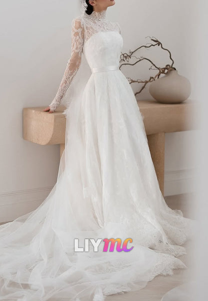 High Neck Long Sleeves Lace Appliques A-Line Wedding Dress