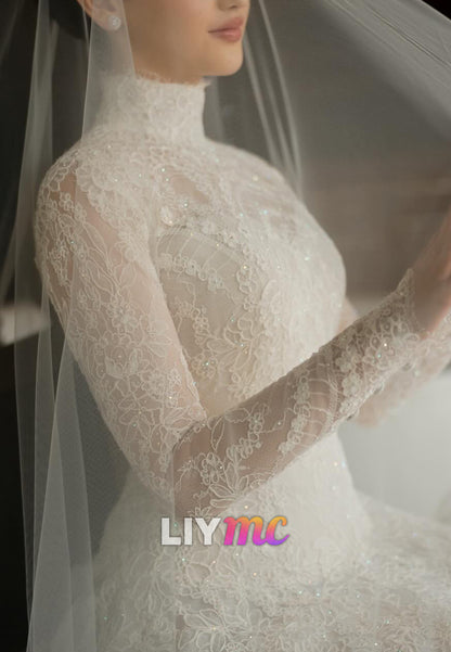 High Neck Long Sleeves Lace Appliques A-Line Wedding Dress