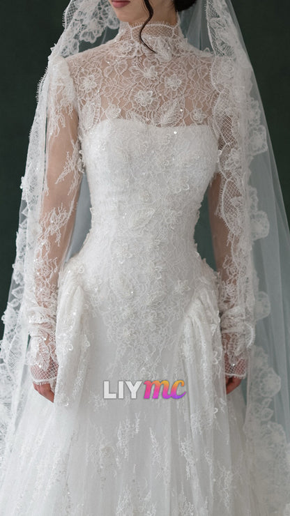 High Neck Long Sleeves Lace Appliques A-Line Wedding Dress