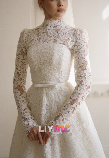 High Neck Long Sleeves Lace Appliques A-Line Wedding Dress
