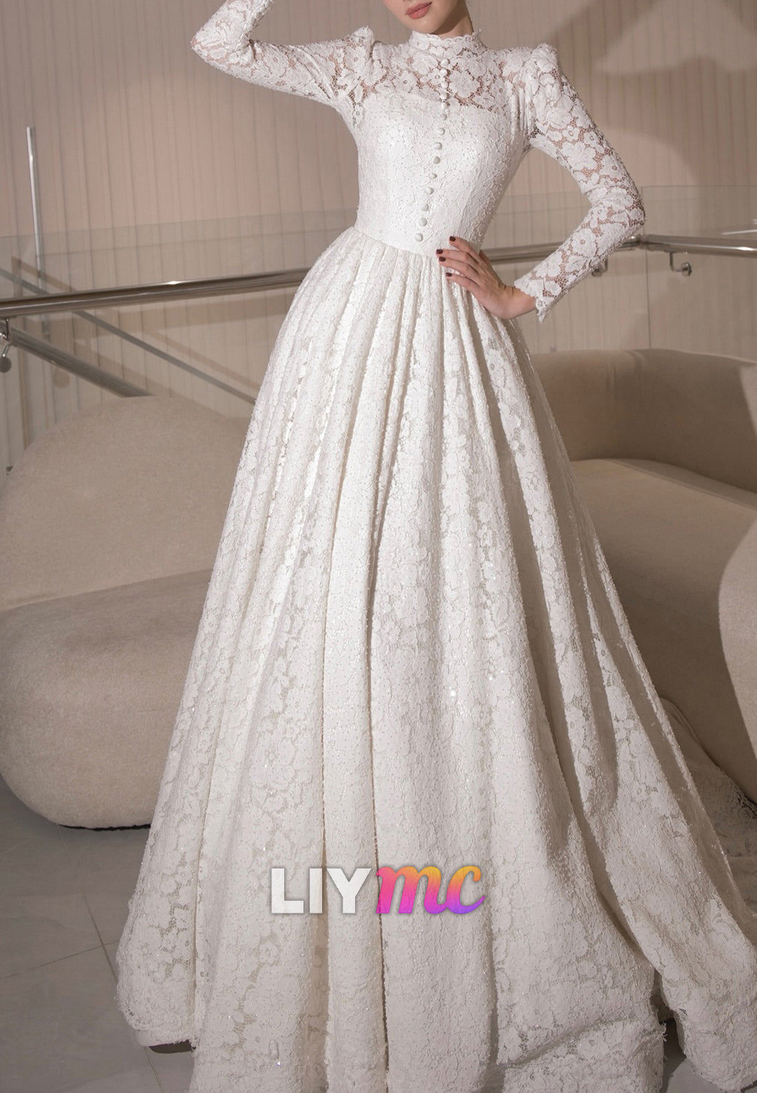 High Neck Long Sleeves Lace Appliques A-Line Wedding Dress