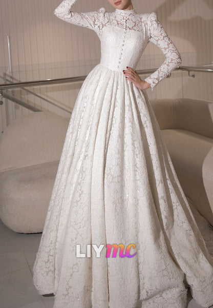 High Neck Long Sleeves Lace Appliques A-Line Wedding Dress