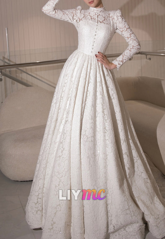 High Neck Long Sleeves Lace Appliques A-Line Wedding Dress