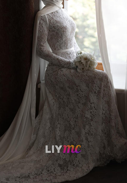 High Neck Long Sleeves Lace Appliques A-Line Wedding Dress