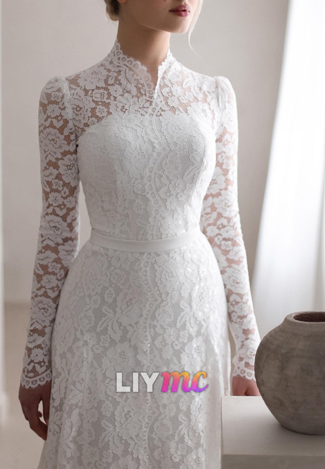 High Neck Long Sleeves Lace Appliques A-Line Wedding Dress
