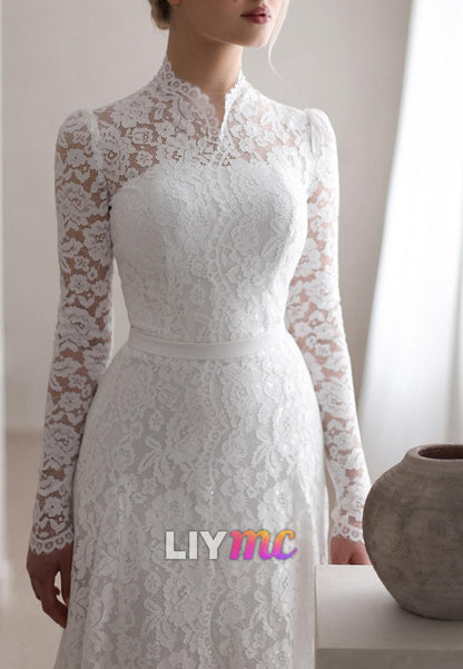 High Neck Long Sleeves Lace Appliques A-Line Wedding Dress