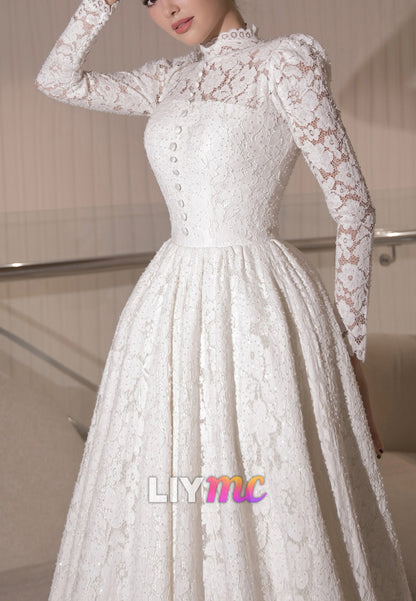 High Neck Long Sleeves Lace Appliques A-Line Wedding Dress