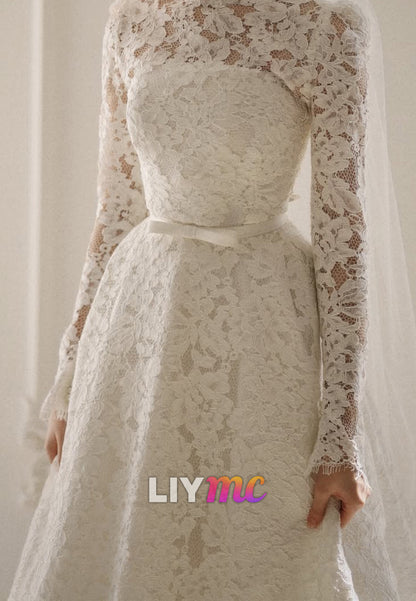 High Neck Long Sleeves Lace Appliques A-Line Wedding Dress