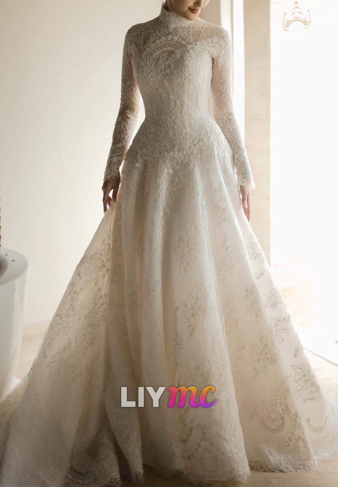 High Neck Long Sleeves Lace Appliques A-Line Wedding Dress
