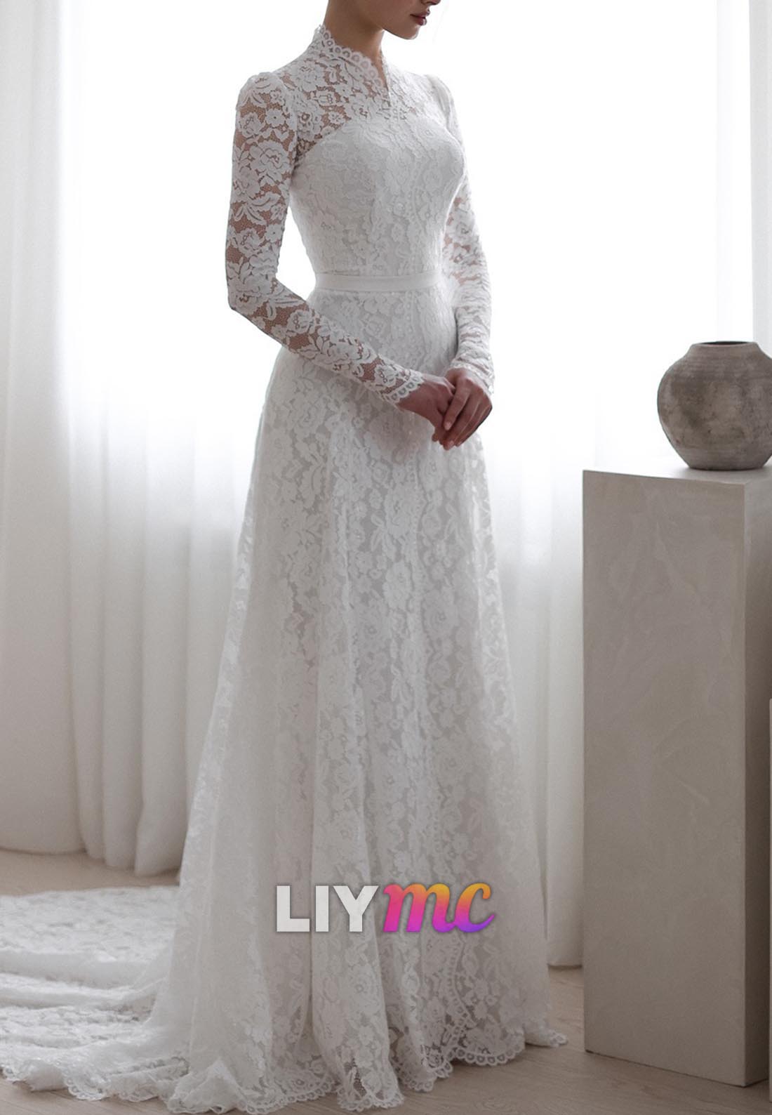 High Neck Long Sleeves Lace Appliques A-Line Wedding Dress