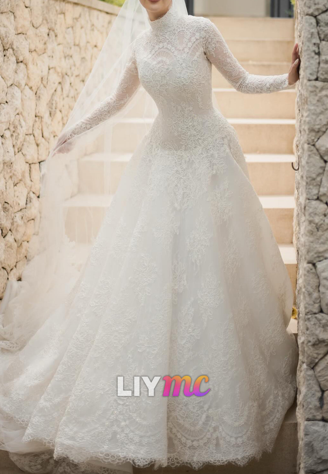 High Neck Long Sleeves Lace Appliques A-Line Wedding Dress