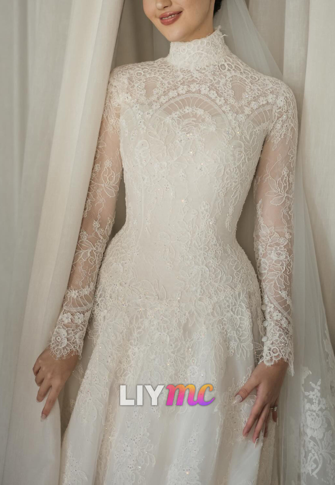 High Neck Long Sleeves Lace Appliques A-Line Wedding Dress