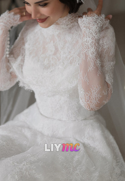 High Neck Long Sleeves Lace Appliques A-Line Wedding Dress