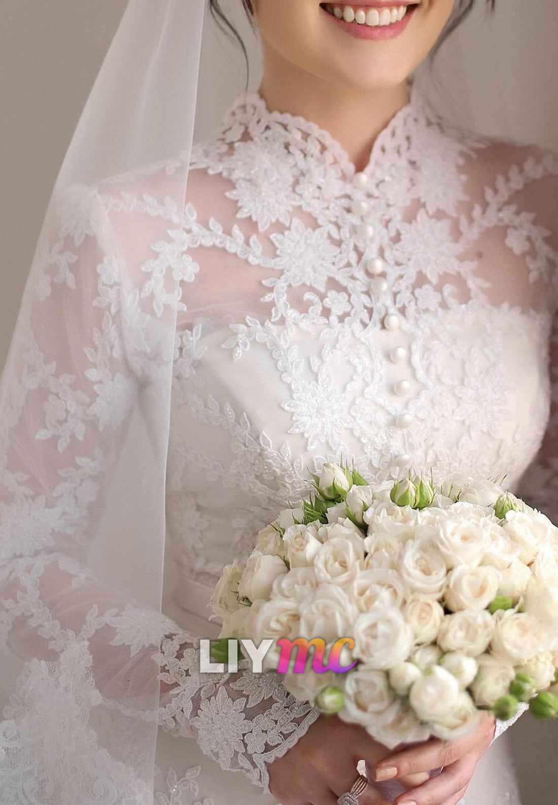 High Neck Long Sleeves Lace Appliques Button Sheath Wedding Dress