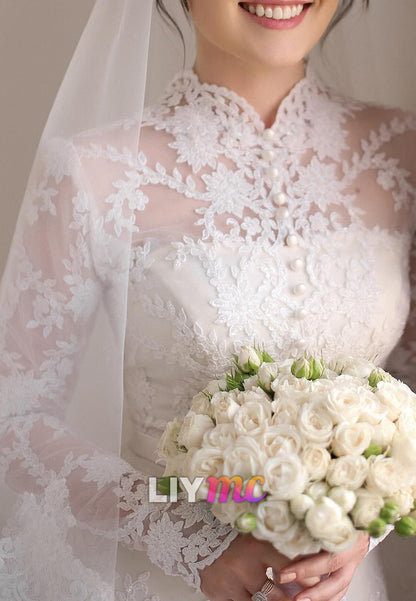 High Neck Long Sleeves Lace Appliques Button Sheath Wedding Dress