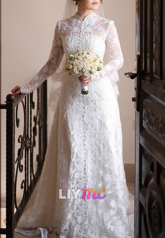 High Neck Long Sleeves Lace Appliques Button Sheath Wedding Dress