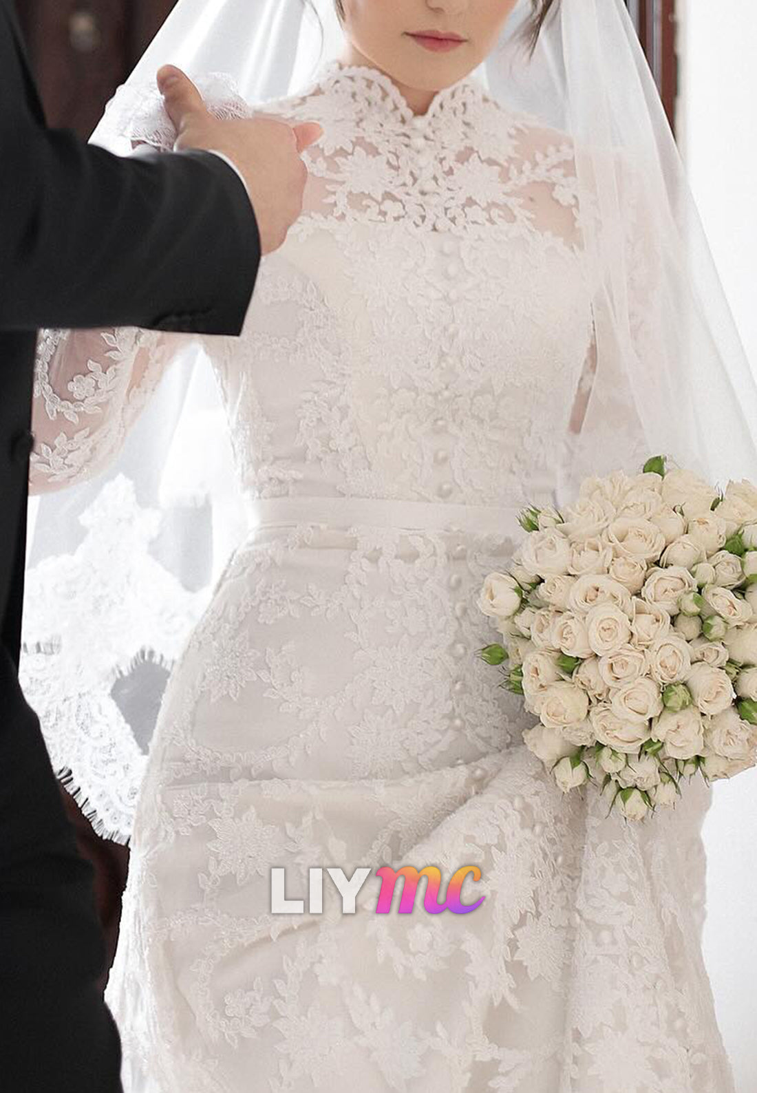 High Neck Long Sleeves Lace Appliques Button Sheath Wedding Dress
