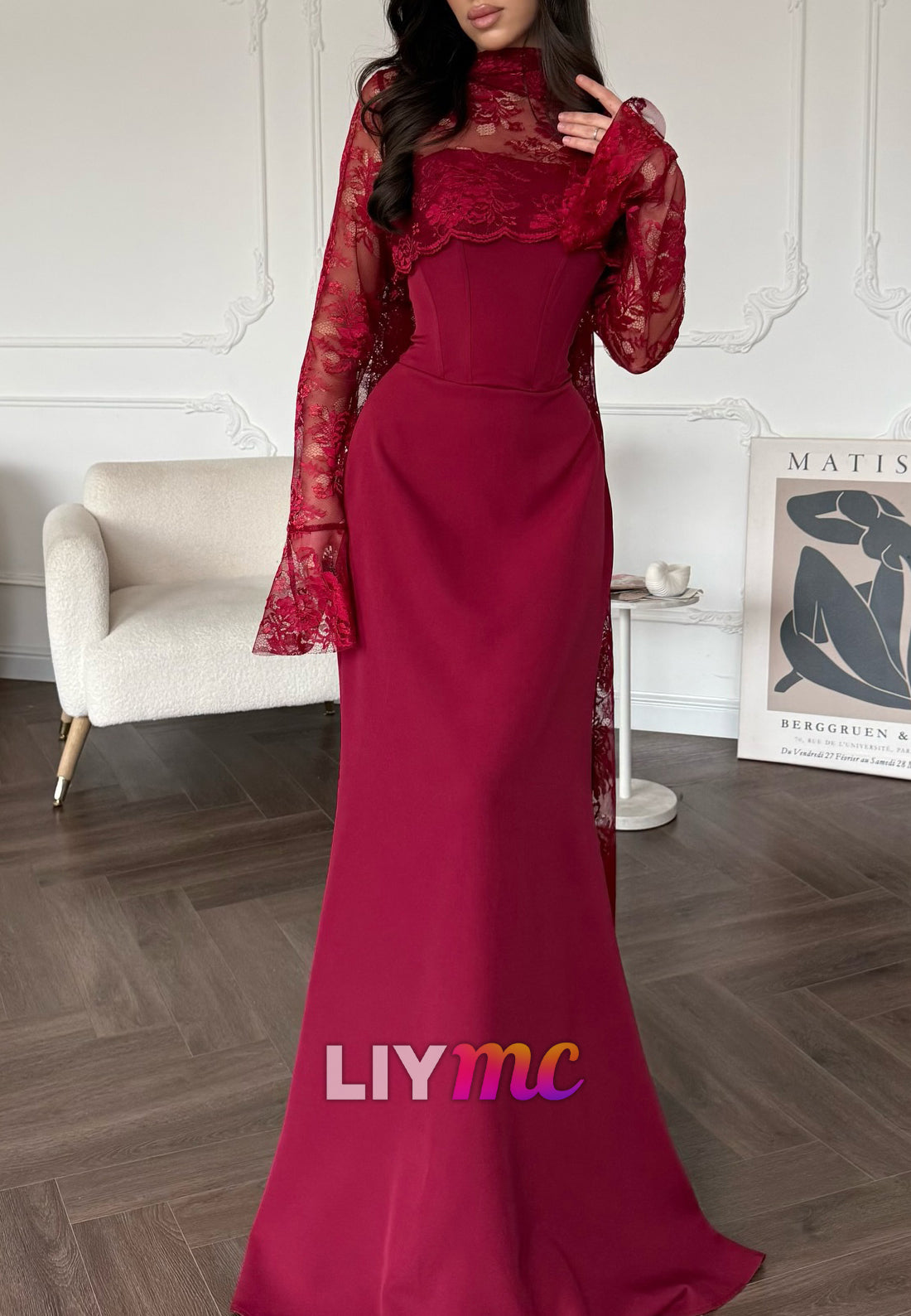 High Neck Long Sleeves Lace Appliques Mermaid Evening Dress