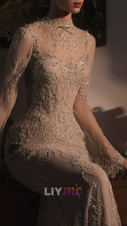 High Neck Long Sleeves Lace Appliques Mermaid Evening Dress
