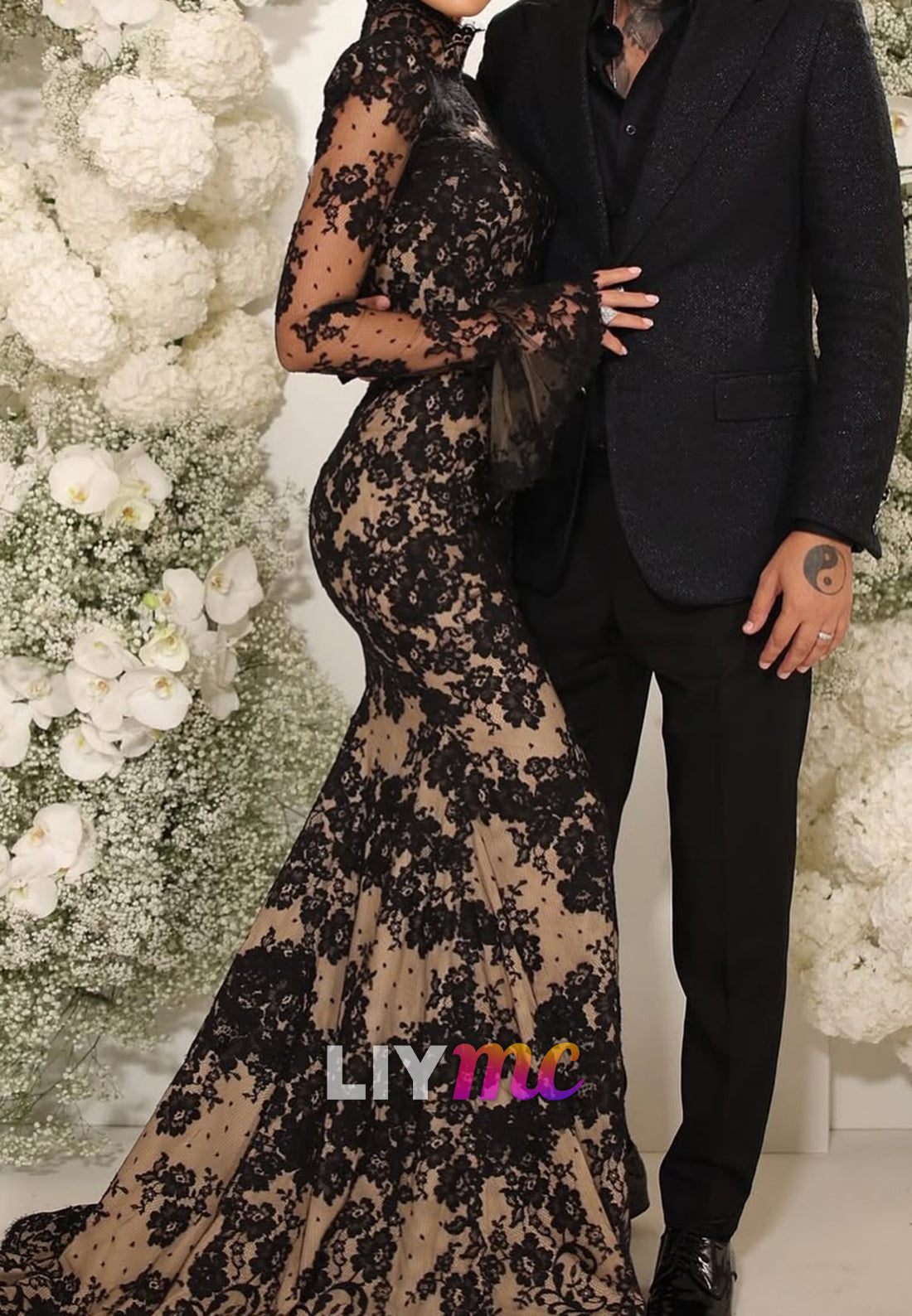 High Neck Long Sleeves Lace Appliques Mermaid Evening Dress