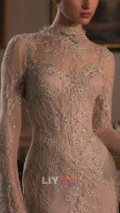 High Neck Long Sleeves Lace Appliques Mermaid Evening Dress