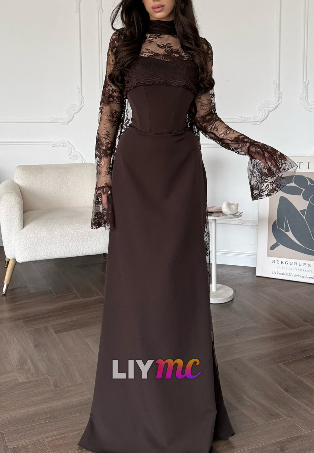High Neck Long Sleeves Lace Appliques Mermaid Evening Dress