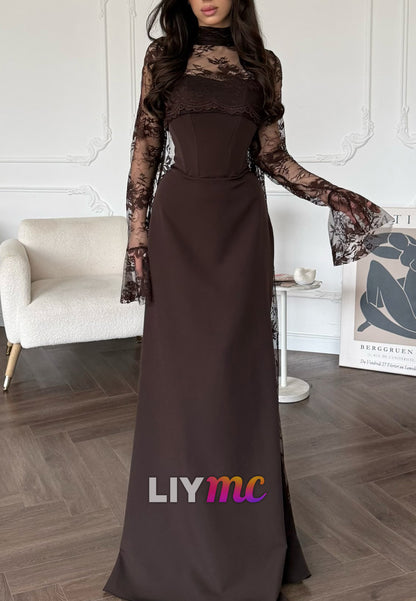 High Neck Long Sleeves Lace Appliques Mermaid Evening Dress