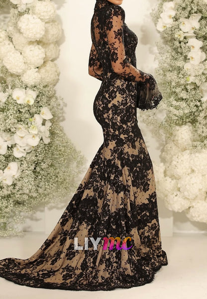High Neck Long Sleeves Lace Appliques Mermaid Evening Dress