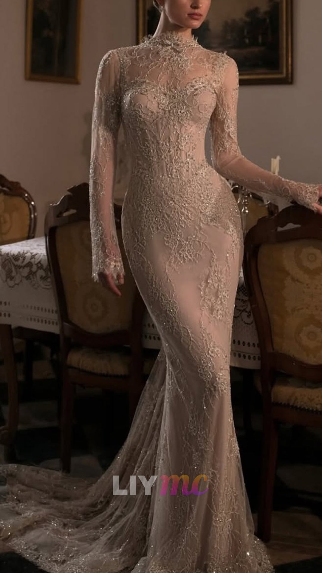 High Neck Long Sleeves Lace Appliques Mermaid Evening Dress