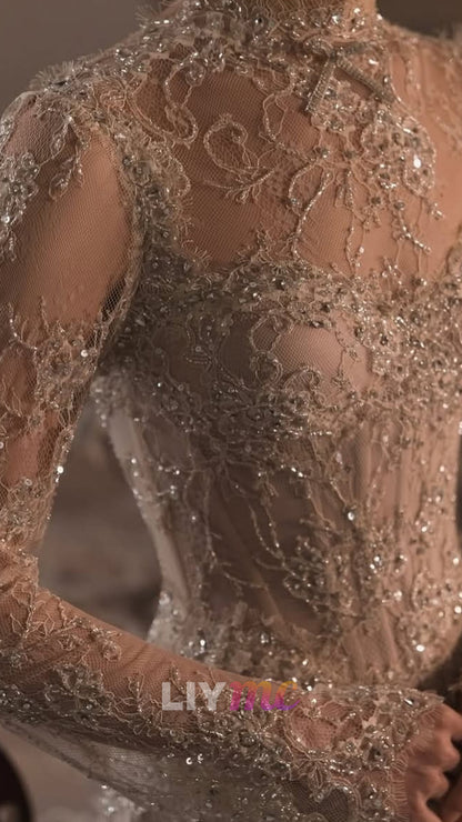 High Neck Long Sleeves Lace Appliques Mermaid Evening Dress