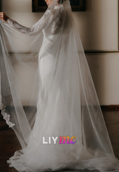 High Neck Long Sleeves Lace Appliques Mermaid Wedding Dress