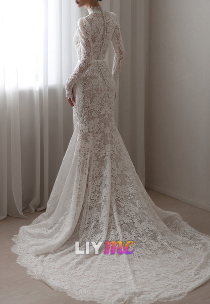 High Neck Long Sleeves Lace Appliques Mermaid Wedding Dress