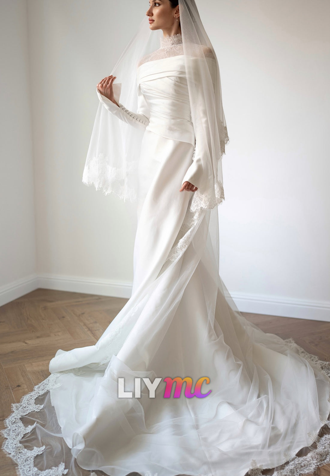 High Neck Long Sleeves Lace Appliques Mermaid Wedding Dress